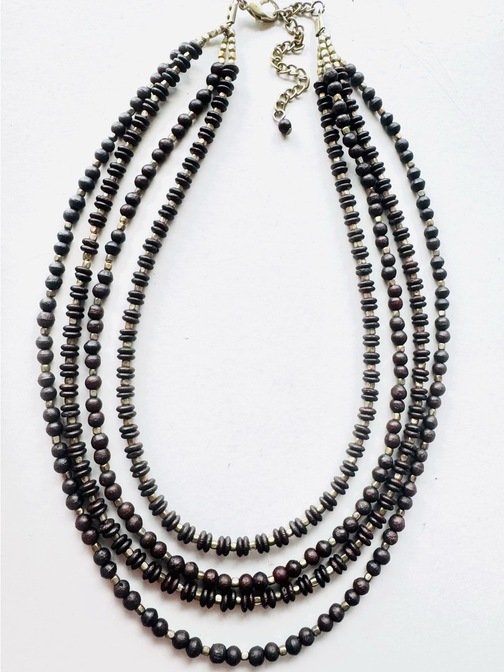 Multi-Strand Rich Ebony Wood and Gold brass Beaded Necklace - Women Jewelry